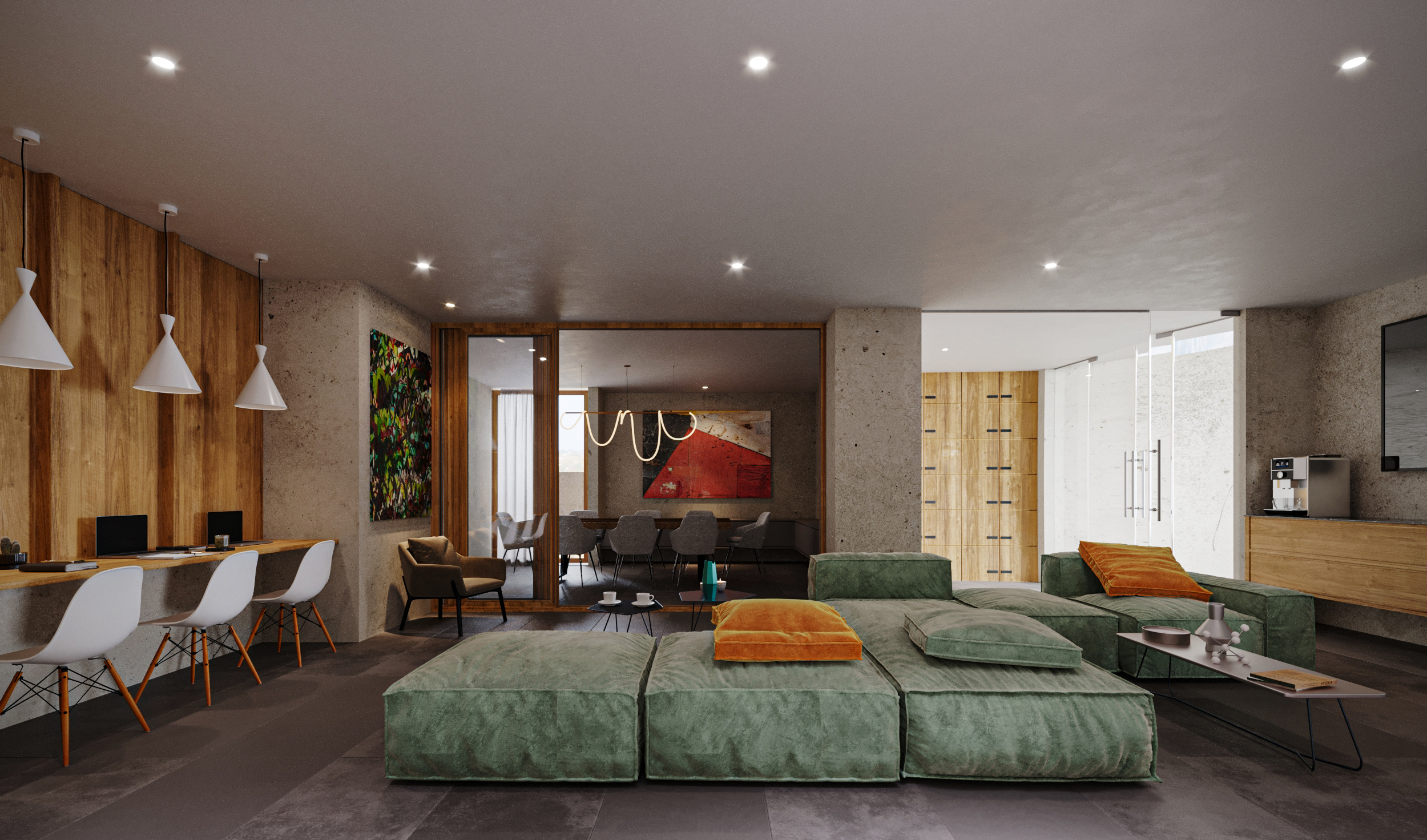 Área de coworking con diseño moderno