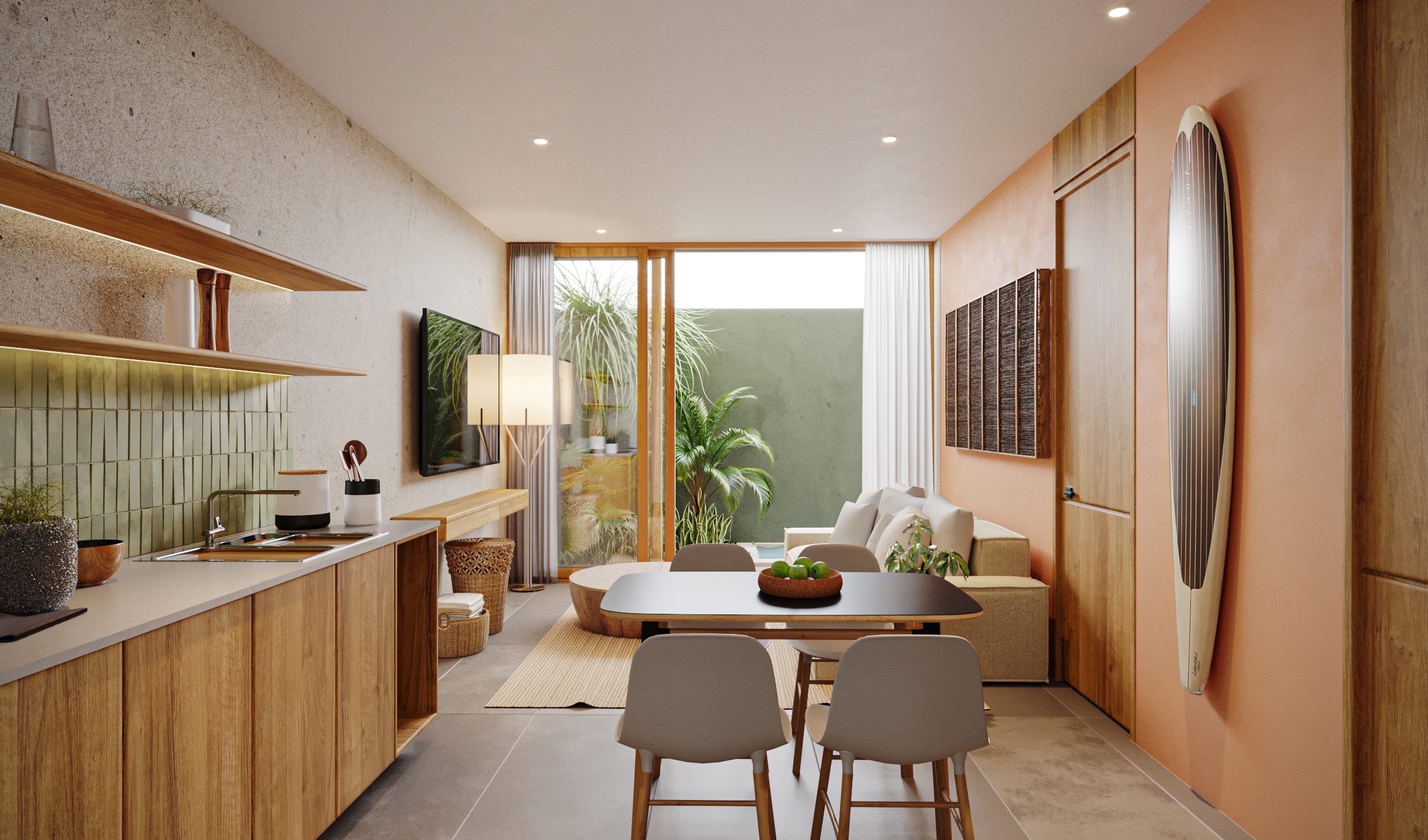 Render de departamento en planta baja con piscina, vista de amenidades